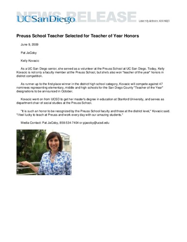 Preuss School Teacher Selected for Teacher of Year Honors