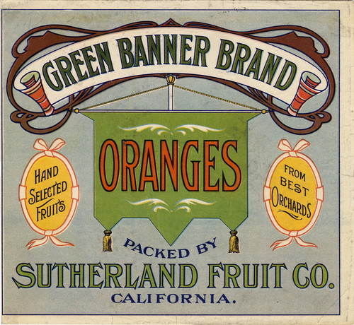 Crate label, "Green Banner Brand." Packed by Sutherland Fruit Co. (Riverside) California