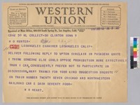 Telegram reply from William Randolph Hearst to Upton Sinclair declining to be part of debate on prohibition