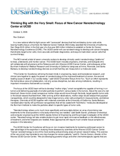 Thinking Big with the Very Small: Focus of New Cancer Nanotechnology Center at UCSD