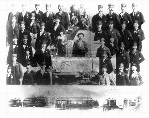 Portrait and collage of the first employees of the Pasadena and Los Angeles Electric Railroad, with equipment, Los Angeles, ca.1900