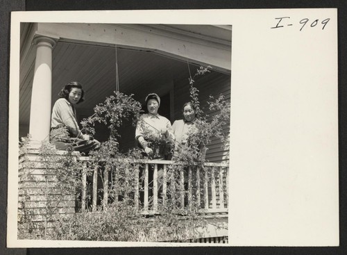 Mrs. Sue Ogawa and her two daughters, Mary and Lois, on the porch of their lovely home in the Hood