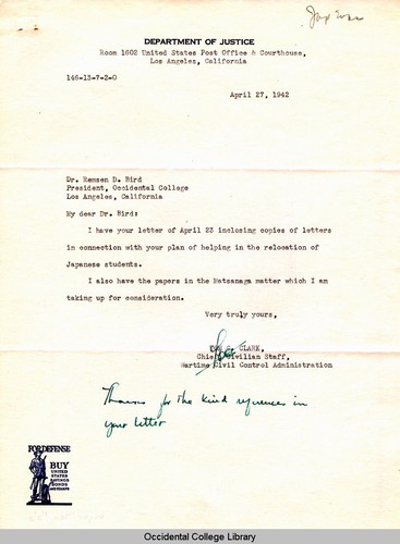 Letter from Tom C. Clark, Chief Civilian Staff, Wartime Civil Control Administration, to Remsen Bird, April 27, 1942