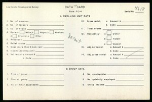WPA Low income housing area survey data card 126, serial 18658, vacant