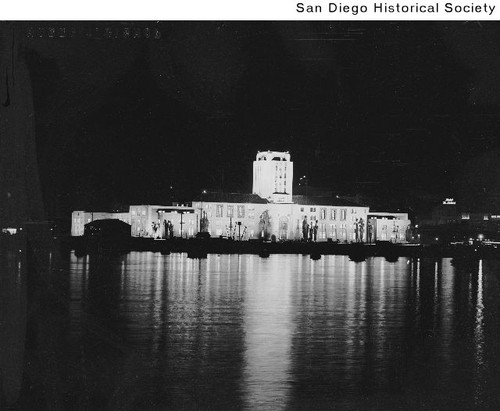 External view of the County Administration Building from the water at night