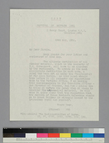 British General "Pug" Ismay writes to Vice Admiral Louis Mountbatten