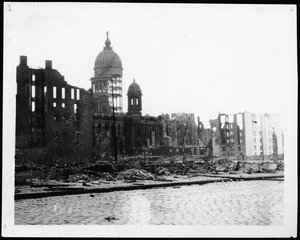 San Francisco earthquake damage, showing a side view of the ruins of City Hall, 1906