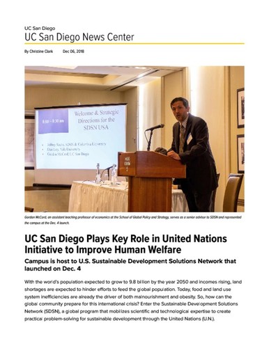 UC San Diego Plays Key Role in United Nations Initiative to Improve Human Welfare