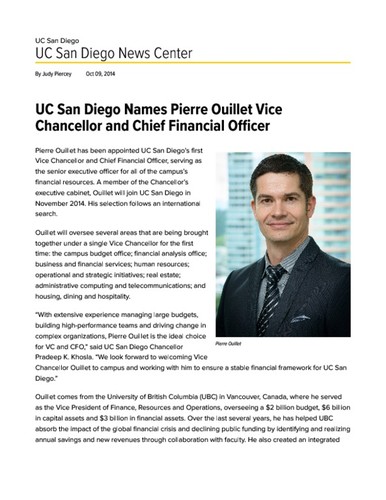 UC San Diego Names Pierre Ouillet Vice Chancellor and Chief Financial Officer
