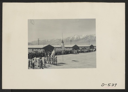 Manzanar, Calif.--Memorial Day services at Manzanar, a War Relocation Authority center where evacuees of Japanese ancestry will spend the duration. American Legion members and Boys Scouts participated in the services. Photographer: Stewart, Francis Manzanar, California