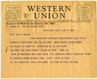 Telegram from William Randolph Hearst to Julia Morgan, January 5, 1928