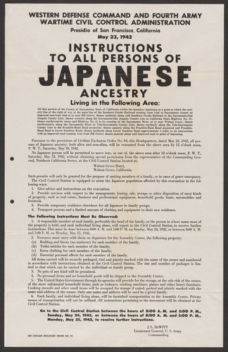 Instructions To All Persons of Japanese Ancestry Living In The Following Areas, Western Defense Command and Fourth Army Wartime Civil Control Administration, County of Sacramento