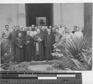 Archbishop Spellman is greeted at the chapel at Chungking, China, 1945