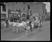 Santa Barbara Fiesta, horse-drawn float in parade, Santa Barbara, 1927