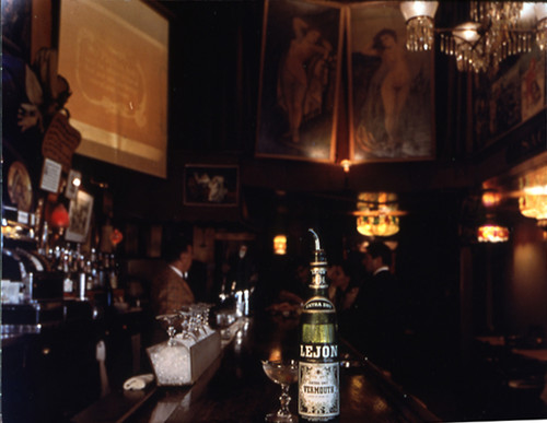 A bottle of Lejon Vermouth on a bar top at Vesuvio's