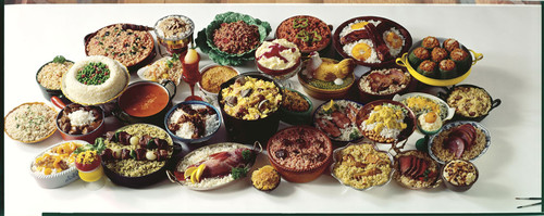 Bowls of rice dishes on a tabletop