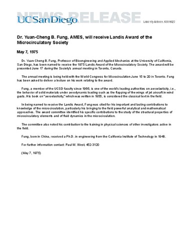 Dr. Yuan-Cheng B. Fung, AMES, will receive Landis Award of the Microcirculatory Society