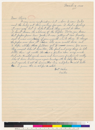 Letter, 1944 March 12, Chino, Calif. to Alice Greenfield, Los Angeles, Calif