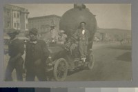 [Unidentified persons in costume parade. Unidentified location. Post card.]