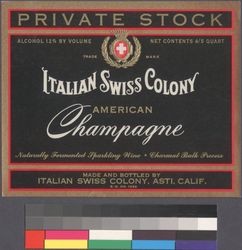 Italian Swiss Colony American Champagne : naturally fermented sparkling wine, Charmat bulk process : Private Stock ; alcohol 12% by volume