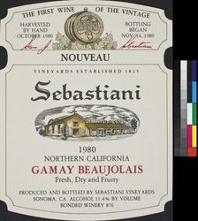 Proprietor's Reserve Sebastiani 1982 Sonoma Valley chardonnay : the result of special care in the vineyards and at the winery, this wine represents my firm dedication to excellence in winemaking, [signed] Sam J. Sebastiani ; alcohol 13.1 % by vol