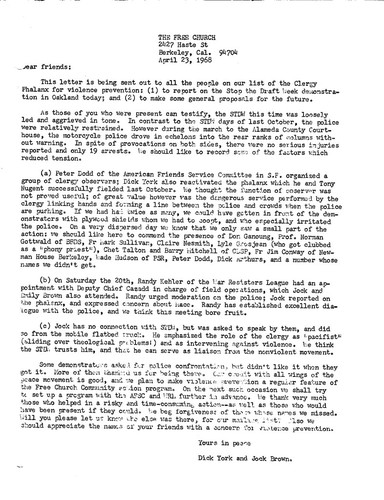 Letter, Clergy Phalanx for Violence Prevention, April 23, 1968