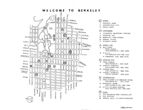 Welcome to Berkeley, Map marking locations for Parks, Landmarks, Legal Aid, Medical Aid, Information and Pigs