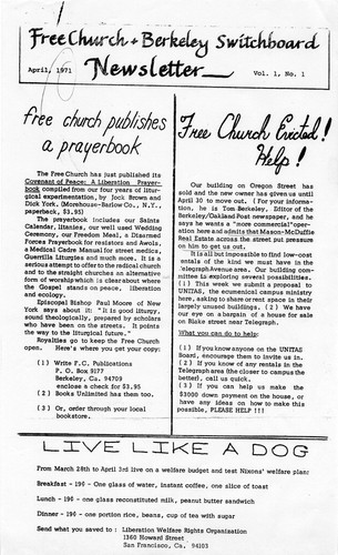 Free Church and Berkeley Switchboard Newsletter, April 1971