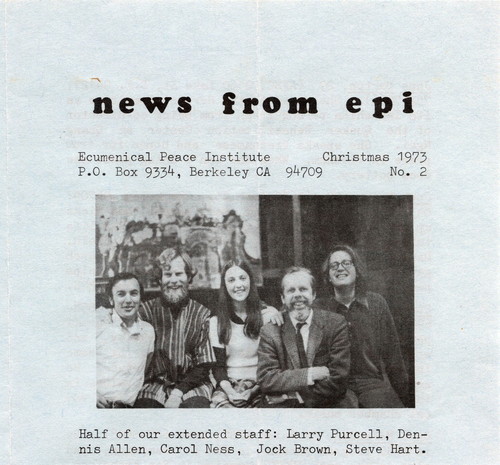 News from EPI (Ecumenical Peace Institute) Christmas 1973, Photo of Larry Purcell, Dennis Allen, Carol Ness, Jock Brown and Steve Hart