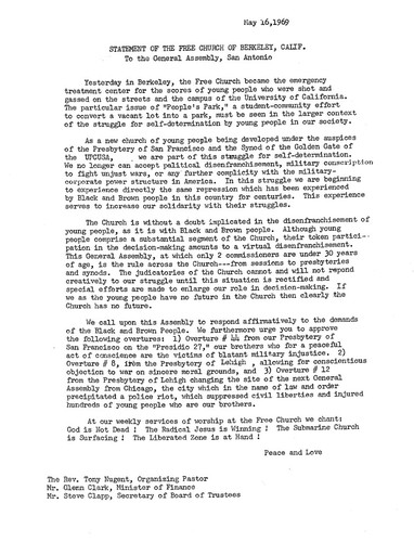 Statement of the Free Church of Berkeley, Calif. To the General Assembly, San Antonio