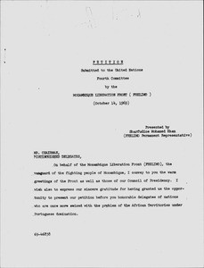 Petition Submitted to the United Nations Fourth Committee by the Mozambique Liberation Front (FRELIMO), October 14, 1969