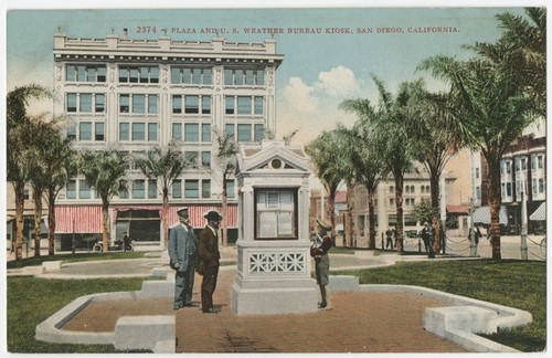 Plaza and U.S. Weather Bureau kiosk, San Diego, California