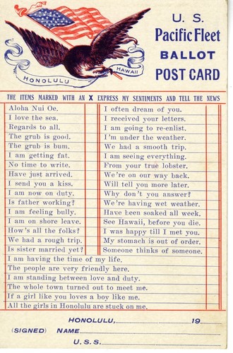 U.S. Pacific Fleet ballot post card