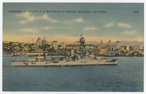 Panorama of the City U.S. Battleship at anchor, San Diego, California