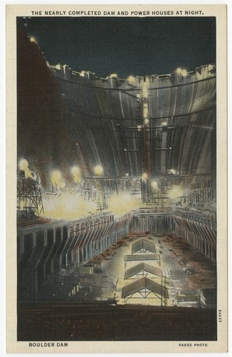 The nearly completed dam and power houses at night, Boulder Dam