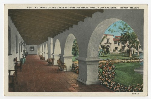 A glimpse of the gardens from corridor, Hotel Agua Caliente, Tijuana, Mexico