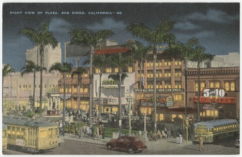 Night view of plaza, San Diego, California