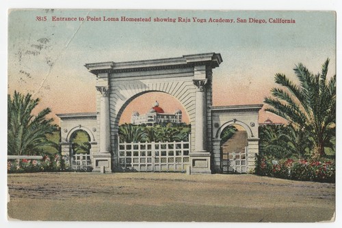 Entrance to Point Loma Homestead showing Raja Yoga Academy, San Diego, California