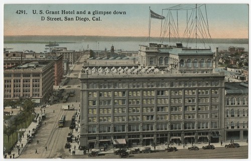 U.S. Grant Hotel and a glimpse down D Street, San Diego, Cal