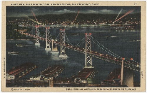 Night view, San Francisco-Oakland Bay Bridge, San Francisco, Calif. and lights of Oakland, Berkeley, Alameda in distance