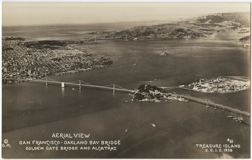 Aerial view San Francisco-Oakland Bay Bridge, Golden Gate Bridge, and Alcatraz