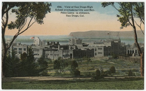 View of San Diego High School overlooking city and bay, Point Loma in distance, San Diego, Cal