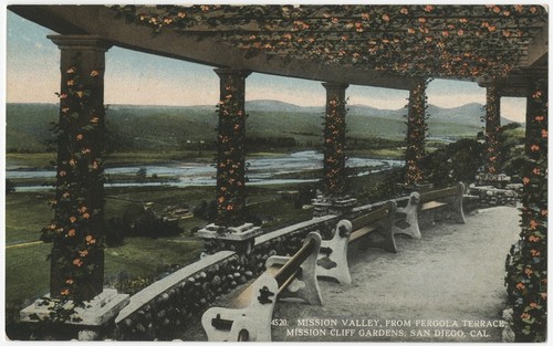 Mission Valley, from pergola terrace, Mission Cliff Gardens, San Diego, Cal