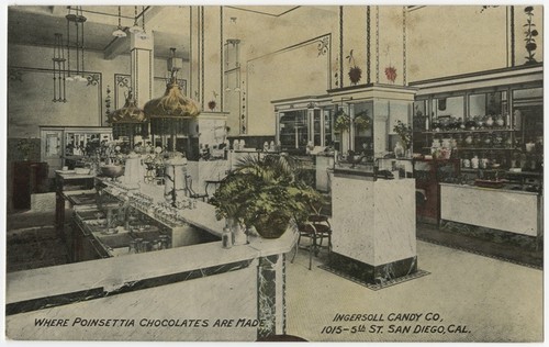 Where pointsettia chocolates are made. Ingersoll Candy Co, 1015 - 5th St. San Diego, Cal