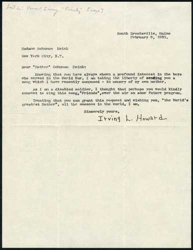 Irving L. Howard letter to Schumman-Heink, 1935 February 09