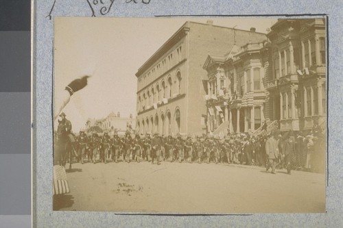 May 25th, 1898. The first Phillipine Expedition consisting of the 1st California Volunteers and the 2nd Oregon Volunteers left on the transports City of Pekin, City of Sydney and Australia. Gen. T. M. Anderson commanding. 1st California Vols. marching down Golden Gate Av. to embark on the City of Pekin, May 23rd