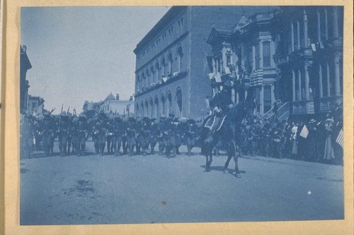 1st California Volunteers marching down Golden Gate Avenue to embark for the Phillipines. The 1st California Volunteers were the first troops ever sent by the United States to invade foreign territory in the other Hemisphere