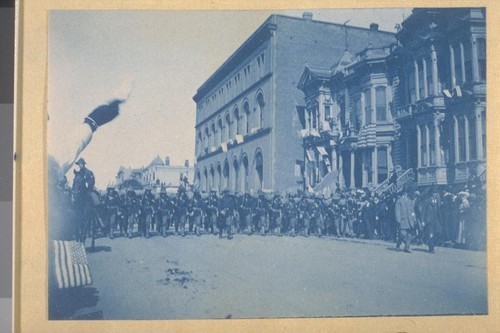 1st California Volunteers marching down Golden Gate Avenue to embark for the Phillipines. The 1st California Volunteers were the first troops ever sent by the United States to invade foreign territory in the other Hemisphere