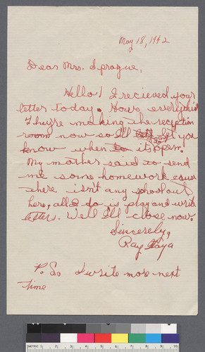 Letter from Ray Itaya to Claire D. Sprauge, 5-18-42