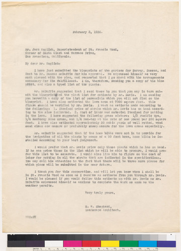 Letter from H.W. Shepherd to J. English regarding Surrey, Sussex and Kent gardens, 1926